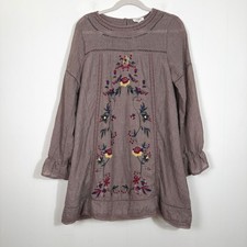 Umgee Boho Floral Embroidered Mini Dress Mocha Brown Lace Long Sleeve Medium picture