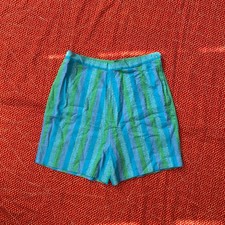 Vintage 1950s 1960s Norwood Blue Green Striped High Waisted Shorts Cotton 18 picture
