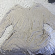 Auden Women’s Ribbed Lounge Set Long Sleeve Crew Neck Top + Shorts Beige XS picture