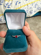 Silver-Tone Solitaire Ring Size 7 Round Red Stone 1 Gem Prong Setting picture