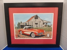 Framed Signed 82/700 Dana Forrester Red And White Corvette In Front Of Barn picture