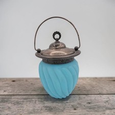 Antique Victorian Mt Washington Blue Opaline Glass Biscuit Jar Lid Handle *As Is picture