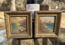 ~1930s PAIR of Mini Plein Air Oils of CA Coast by E. Ravel / ~3x4” / Orig Frames picture
