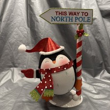 Pier 1 One VTG PENGUIN “THIS WAY TO NORTH POLE” SANTA HAT 10.75” V RARE FLAWS picture