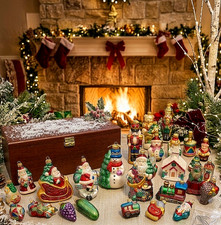 Vintage 2005 Macy's Holiday Lane 39 Pc Glass Christmas Ornament Set Wood Box picture