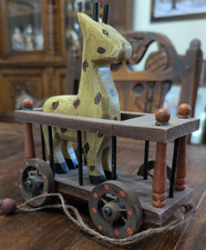 Vintage Wooden Giraffe Pull Toy Circus Cage Wagon Folk Art Hand Painted picture