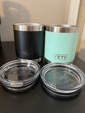 Set of 2 YETI Rambler 10 oz Lowball Tumblers Stainless Steel Seafoam &Black Lids picture