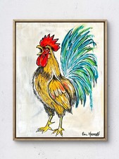 Original 14x11 Expressionist Colorful Rooster Standing Painting Signed Canvas picture