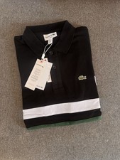 Lacoste Men's Black White Green Striped Slim Fit Short Sleeve Polo Shirt S picture
