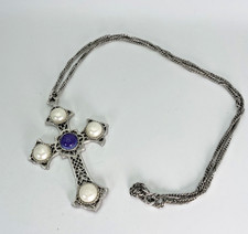 Vintage Sarah Coventry Crusader Cross Necklace Faux Pearl Purple Cabochon 1970s picture