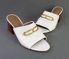 Hermes Women's White Leather Gold Tone Roulis Buckle Camilla Mule Heel Shoe 37 7 picture