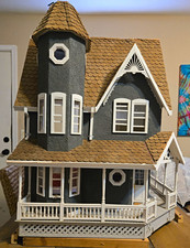 Victorian Wooden Dollhouse 1:12 Scale 7 Room 2-Story Wraparound Porch Gray picture