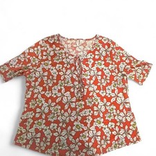 Cato Floral Blouse Size XL Red White Tie Neck Short Sleeve picture