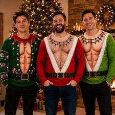 Funny Ugly Christmas Sweater Men Fake Abs Hairy Chest Santa Elf Party Sweatshirt picture