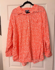 Lands' End Women's Plus 3X Red/White Floral Collared Long Sleeve Blouse picture