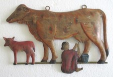 ANTIQUE ADVERTISEMENT TRADE SIGN IRON MILKING COW HAND MADE picture