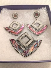 Vintage Signed Nuri NEO-DECO Abalone Silver Dangle Earrings & Brooch Set picture