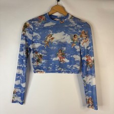 Romwe Crop Top Womens Medium Blue Angel Cherub Cloud Mesh Long Sleeve picture
