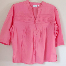 Womens d&co. Sz 2X Pink V-Neck Button 3/4 Sleeve Blouse 100% Cotton Side Slits picture
