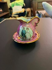 VINTAGE  Pink Blue Boy and Pinkie Small Pitcher and Saucer Set picture