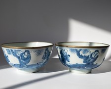 Chinese Antique Bleu de Hue Porcelain Bowls Vietnamese Market 19-20th C picture