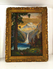 Antique 19th century oil on board landscape waterfall painting Giltwood frame picture