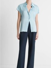NWT Vince Satin Silk Cap-Sleeve Ruched-Back Blouse Shirt Baby Blue Medium M New picture