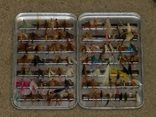 Lot of Hand Tied Fly Fishing Flies in Vintage Perrine Aluminum Fly Box picture