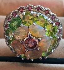 925 Sterling Silver Ring Oval Fire Opal Peridot Rhodolite Gemstone SIZE 8.5 picture