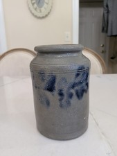 Antique Primitive Stoneware Crock Salt Glaze Cobalt Blue  Gray Design Pot Vase picture