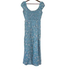 Boden Teal Blue Floral Smocked Midi Dress Cotton 100% Petite US 6P UK 10P picture
