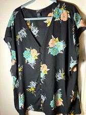 Torrid Women's Size 3 Black Floral Sheer Chiffon Button Front V-Neck Blouse picture