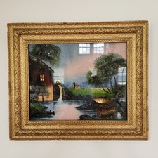 Nice 19th Century Reverse Painting On Glass Mill And Church Painting Folk Art picture