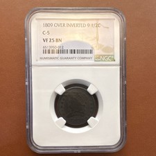 1809 Classic Head Half Cent 1/2C C-5 Over Inverted 9 NGC VF25 BN picture