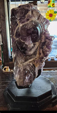 Purple Amethyst Crystal Carved Indian Chief w Black Display Stand that turns picture