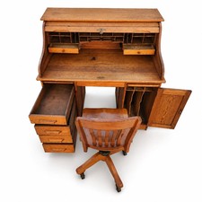 Small Antique Oak Roll Top Desk & Swivel Chair Mission Arts Crafts Office picture