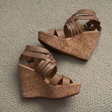 Korks by Kork-Ease Platform Cork Leather Tan Strappy Wedges High Heels Sz 8 EUC picture