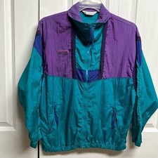 Vintage Columbia Teal Purple Nylon Zip Pockets High Neck Windbreaker Jacket XL picture