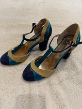 Seychelles T-strap Teal Yellow Navy Blue Suede Shoes New Sz 6 picture