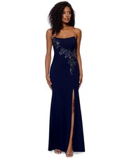 Betsy & Adam Navy Blue Beaded Floral Strapless Scuba Crepe Gown Size 10 $309 picture