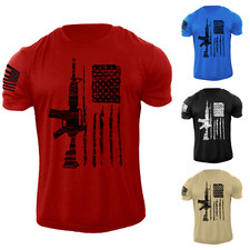 Men's USA GUN Flag T Shirt American Patriotic 100% Cotton Distressed Tee picture