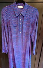 Tory Burch Belted Silk Shirt Dress Button-Front Geometric Blue Red Women's 10 picture