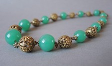 Antique Czech Art Deco Jade Green Glass Filigree Brass Bead Necklace c1930s picture