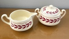 Homer Laughlin Hemlock Red Creamer & Lidded Sugar bowl 3 piece White Red Leaf  picture