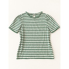 Boden Ali Trim T-Shirt US 4 Green Ivory Stripe Scallop Cotton Top picture