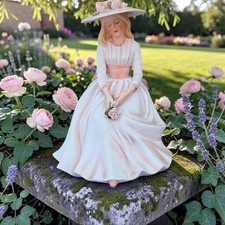 Vintage Enesco Imports Corp Porcelain Figurine Girl in Hat Sitting w/ Pink Roses picture