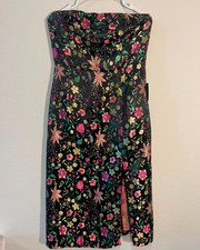 Lulus Make a Move Black Floral Jacquard Strapless Midi Dress L NWT picture