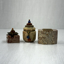 Vintage Jo Marz Trinket Boxes Set of 3 Alabaster Marble Beaded Lidded Vanity  picture