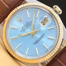 ROLEX DATEJUST 16013 18K GOLD STEEL ICE BLUE DIAL WATCH w/ BROWN LEATHER STRAP picture