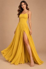 Lulus Dreamy Romance Mustard Yellow Backless Maxi Gown Size M NWT Slit Dress picture